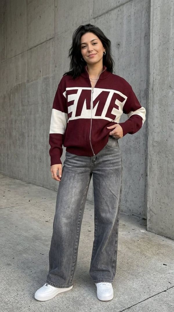 Modelo con campera FME grana, jean gris