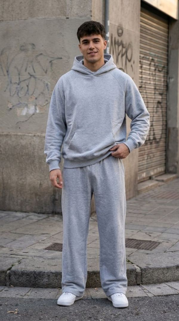 Modelo con conjunto deportivo gris