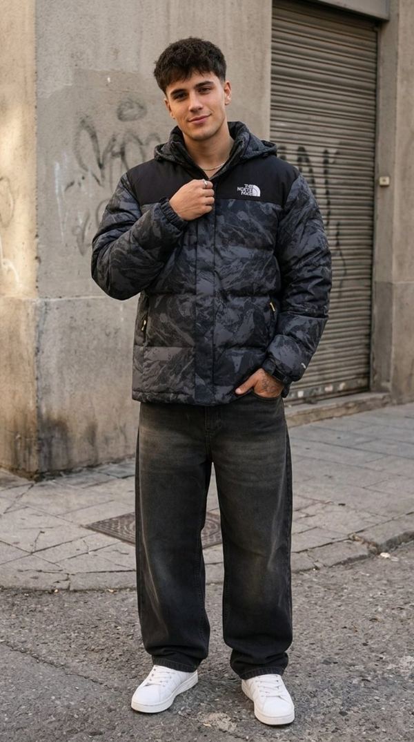 Modelo con campera puffer North Face